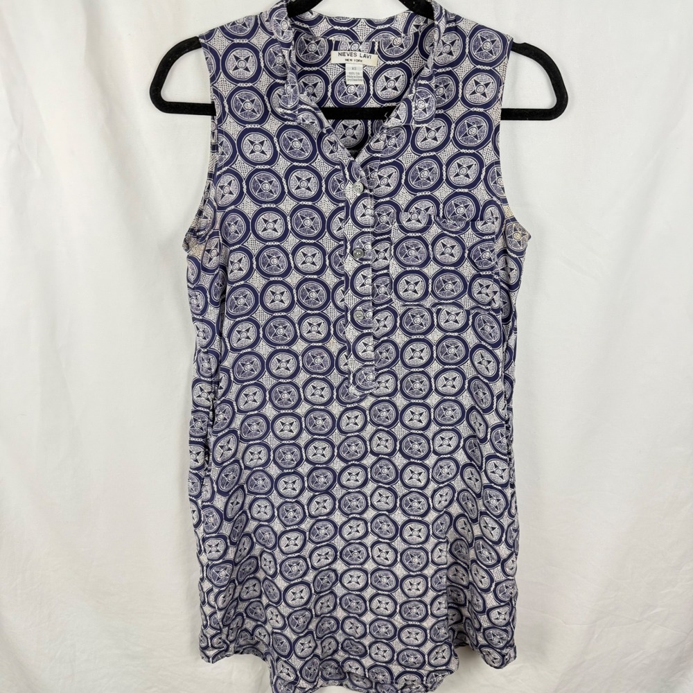 Nieves Lavi Silk Blue & White Geometric Print Shift Dress XS Lightweight Coastal